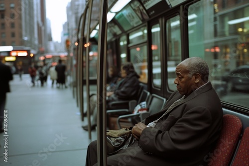 A man in a suit sits pensively on a city bus, surrounded by urban blur, encapsulating a moment of solitude amidst the daily hustle.