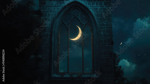 Mystical window with crescent moon in night sky. generative Ai