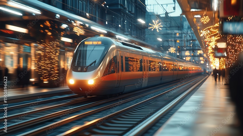 A train traveling through a city at night A train traveling through a city at night