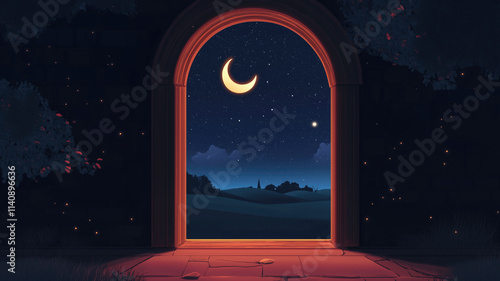 Mystical window with crescent moon in night sky. generative Ai photo