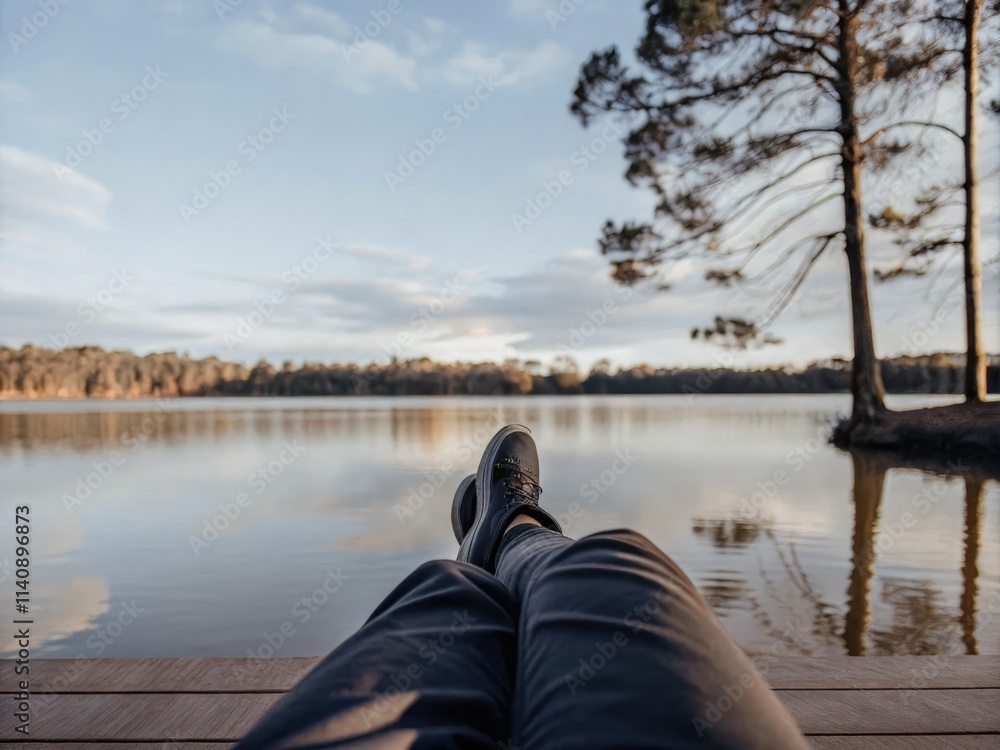 Relaxing by the Serene Lakeside on a Calm Day With Gentle Waves. Generative AI Relaxing by the Serene Lakeside on a Calm Day With Gentle Waves. Generative AI