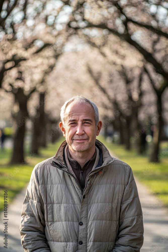 Middle Aged Man Enjoying Spring on a Blossoming Tree-Lined Park Path Middle Aged Man Enjoying Spring on a Blossoming Tree-Lined Park Path