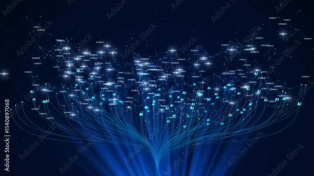 Growing Neural Network Web Connected Nodes Connections. AI, Computer Algorithms, 3D 4K Artificial Intelligence Language Model Chatbot, technology concept ai big brain data tech futuristic future mind