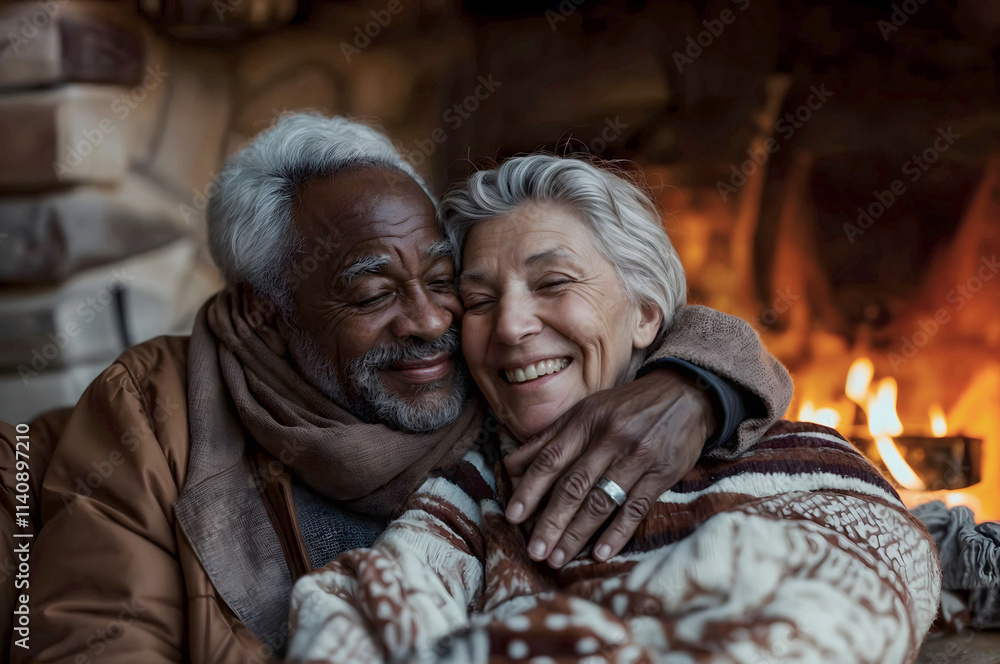 Smiling senior couple embracing in front of cozy fireplace,symbolizing love,warmth,happiness,for concepts like family bonds,aging together,winter comfort,relationships,retirement,companionship Smiling senior couple embracing in front of cozy fireplace,symbolizing love,warmth,happiness,for concepts like family bonds,aging together,winter comfort,relationships,retirement,companionship