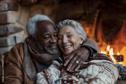 Smiling senior couple embracing in front of cozy fireplace,symbolizing love,warmth,happiness,for concepts like family bonds,aging together,winter comfort,relationships,retirement,companionship