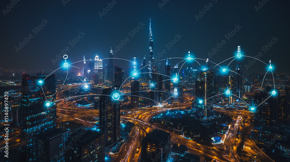 Fototapeta premium Smart digital city with connection cyber security network reciprocity over the cityscape . future smart wireless digital city and social media networking systems that connects people within the city