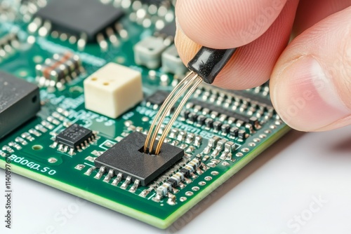 A technician’s hand skillfully connects delicate wires to a microchip on a circuit board, emphasizing expertise and careful handling in electronics engineering. photo