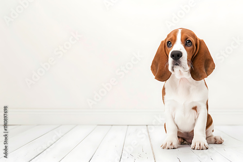 pet portrait, a single basset hound puppy on a white studio background, providing a detailed, high-resolution visual without text photo