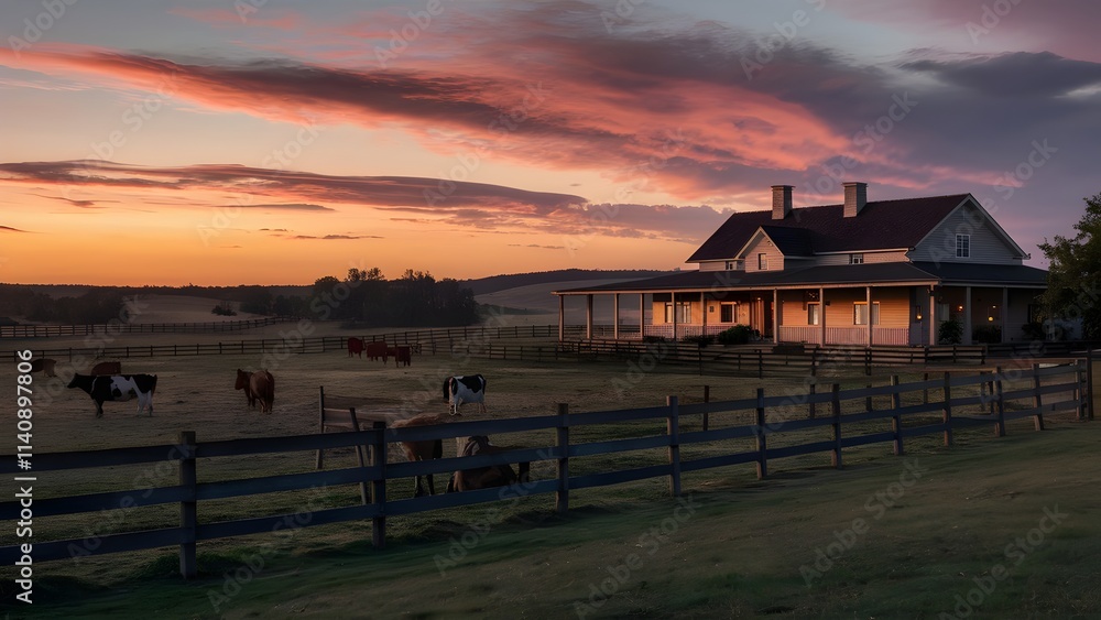 beautiful twilight sky in a farm landscape, Ranch at Golden Hour generative ai beautiful twilight sky in a farm landscape, Ranch at Golden Hour generative ai