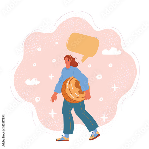 Cartoon vector illustration of happy young woman with big coins
