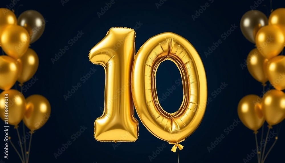 golden balloon shaped as the number ten floats against a deep navy blue background, exuding elegance and festivity. ideal for celebrating a ten-yearanniversary, milestone event golden balloon shaped as the number ten floats against a deep navy blue background, exuding elegance and festivity. ideal for celebrating a ten-yearanniversary, milestone event