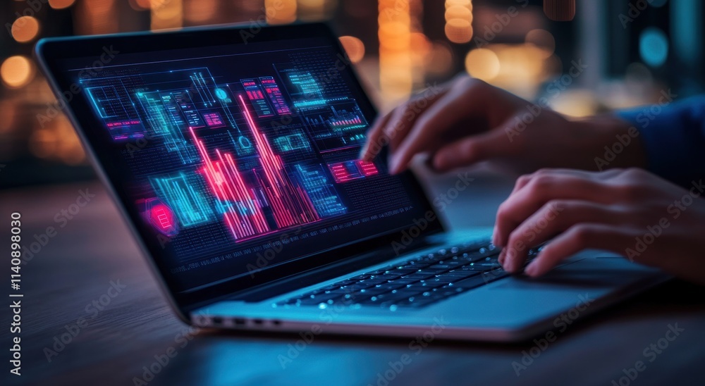 Person analyzing data on laptop at night. Person analyzing data on laptop at night.