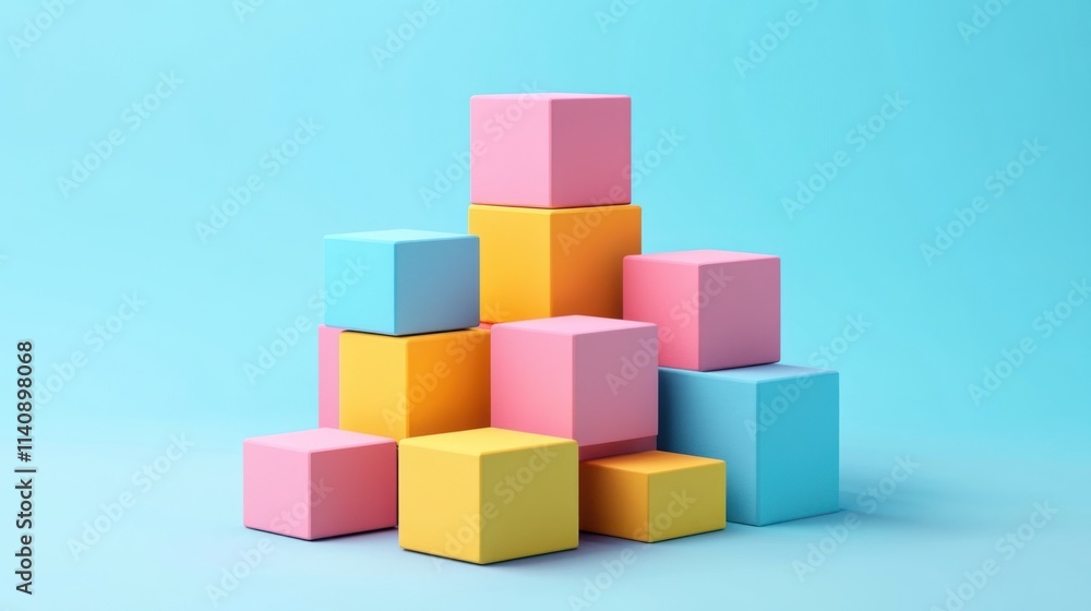 Pastel Colored Blocks Arranged in a Pyramid Shape on a Light Blue Background Pastel Colored Blocks Arranged in a Pyramid Shape on a Light Blue Background