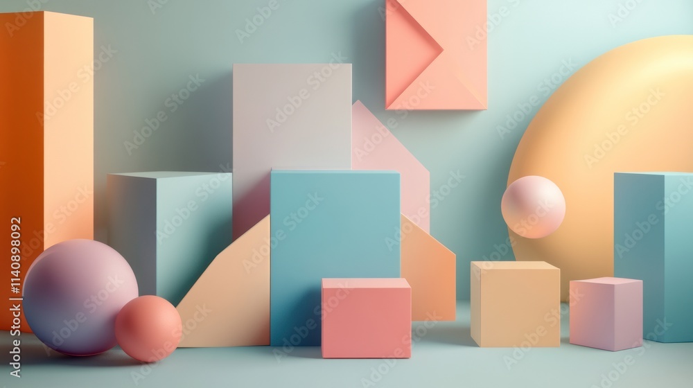 Pastel Geometric Abstract Composition: A serene arrangement of pastel-colored cubes, spheres, and geometric shapes against a soft blue backdrop. Pastel Geometric Abstract Composition: A serene arrangement of pastel-colored cubes, spheres, and geometric shapes against a soft blue backdrop.