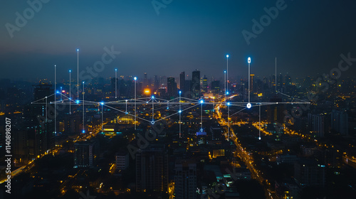 Wallpaper Mural Smart digital city with connection cyber security network reciprocity over the cityscape . future smart wireless digital city and social media networking systems that connects people within the city Torontodigital.ca