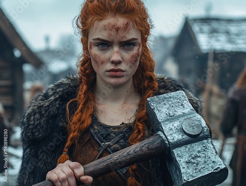 A young woman with red hair and a battle-axe, dressed in Viking attire, stands in front of a blurred background of buildings. photo