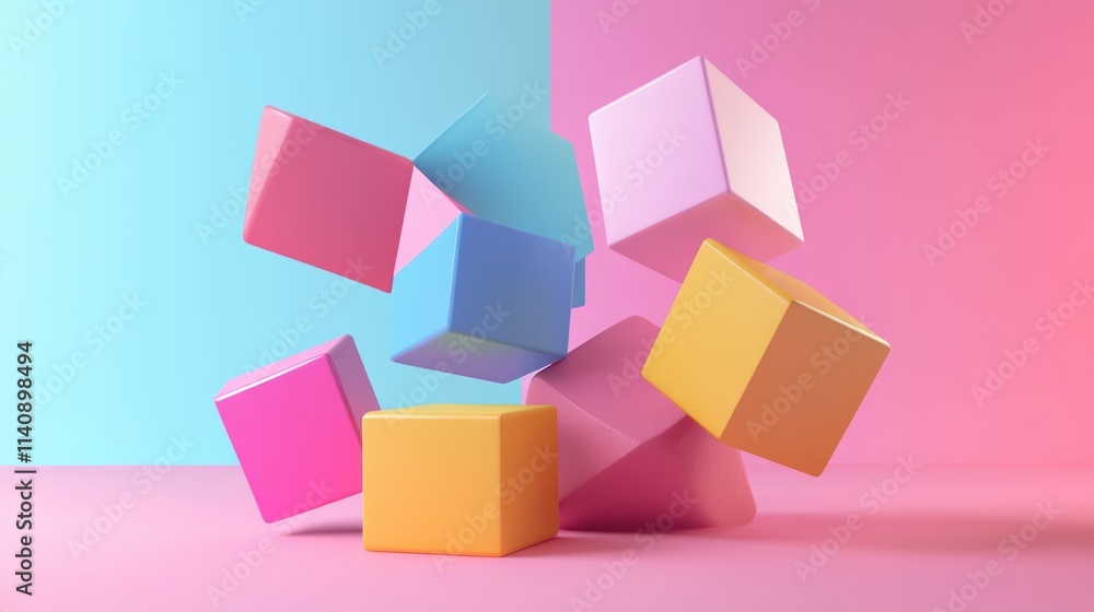 Abstract Colorful Cubes Falling on Pink and Blue Background Abstract Colorful Cubes Falling on Pink and Blue Background
