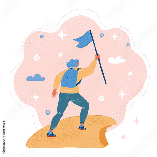 Cartoon vector illustration of leader woman with flag