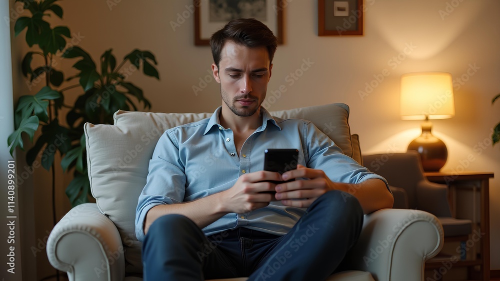 White Caucasian man using, looking, swiping the mobile phone in a living room. Entertainment, gaming, communicating, productivity, working with mobile phone. White Caucasian man using, looking, swiping the mobile phone in a living room. Entertainment, gaming, communicating, productivity, working with mobile phone.
