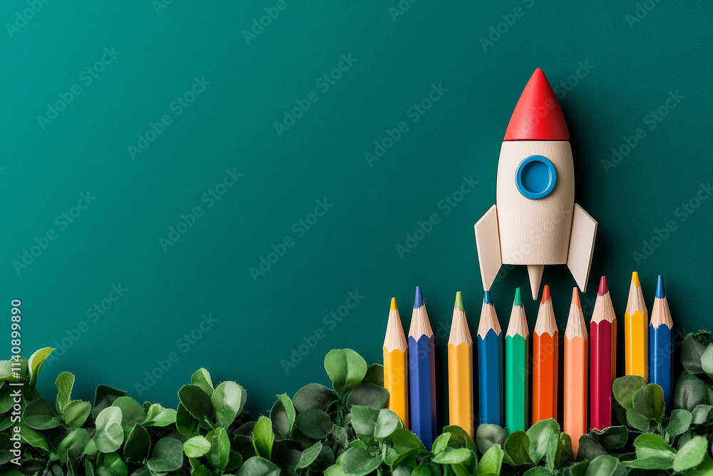 Wooden Rocket Model Above Colored Pencils and Greenery Wooden Rocket Model Above Colored Pencils and Greenery