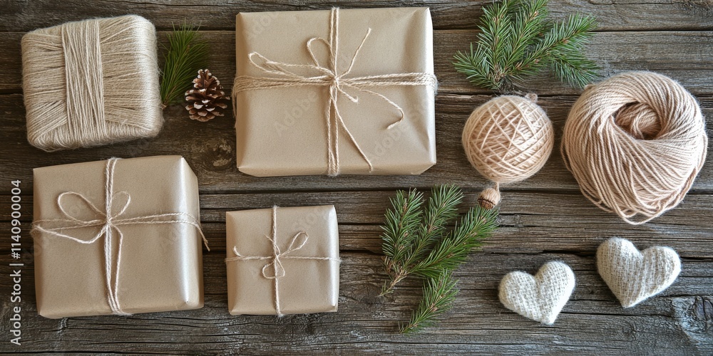 Flat lay of cozy Christmas gifts wrapped in brown kraft paper with twine and pine sprigs on a rustic wooden background Flat lay of cozy Christmas gifts wrapped in brown kraft paper with twine and pine sprigs on a rustic wooden background