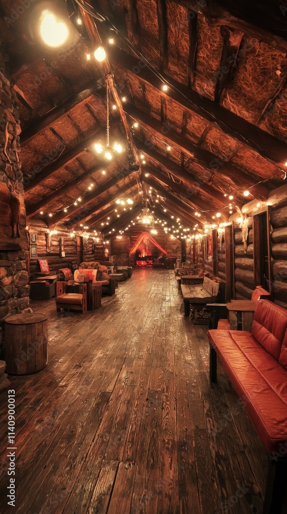Cozy interior of a rustic lodge with warm lighting and wooden decor. Cozy interior of a rustic lodge with warm lighting and wooden decor.