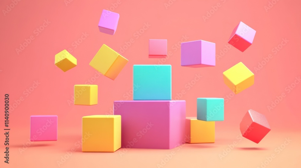 Abstract Colorful Cubes Falling on Pastel Pink Background: 3D Render Abstract Colorful Cubes Falling on Pastel Pink Background: 3D Render