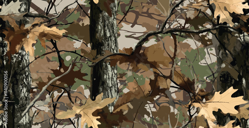 Realistic camouflage print. Seamless pattern. tree, branches and leaves. Useable for hunting and military purposes. Camouflage pattern. 