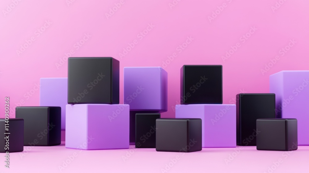 Abstract Composition of Purple and Black Cubes on Pink Background Abstract Composition of Purple and Black Cubes on Pink Background