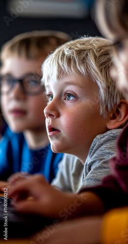 Children engaged in a focused activity, likely learning or coding.