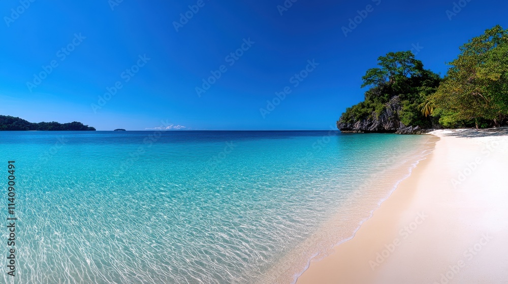 Fototapeta premium The expansive blue ocean unfurls alongside a vibrant shoreline, where lush greenery meets golden sands, crafting a captivating gem of natural beauty and serenity.