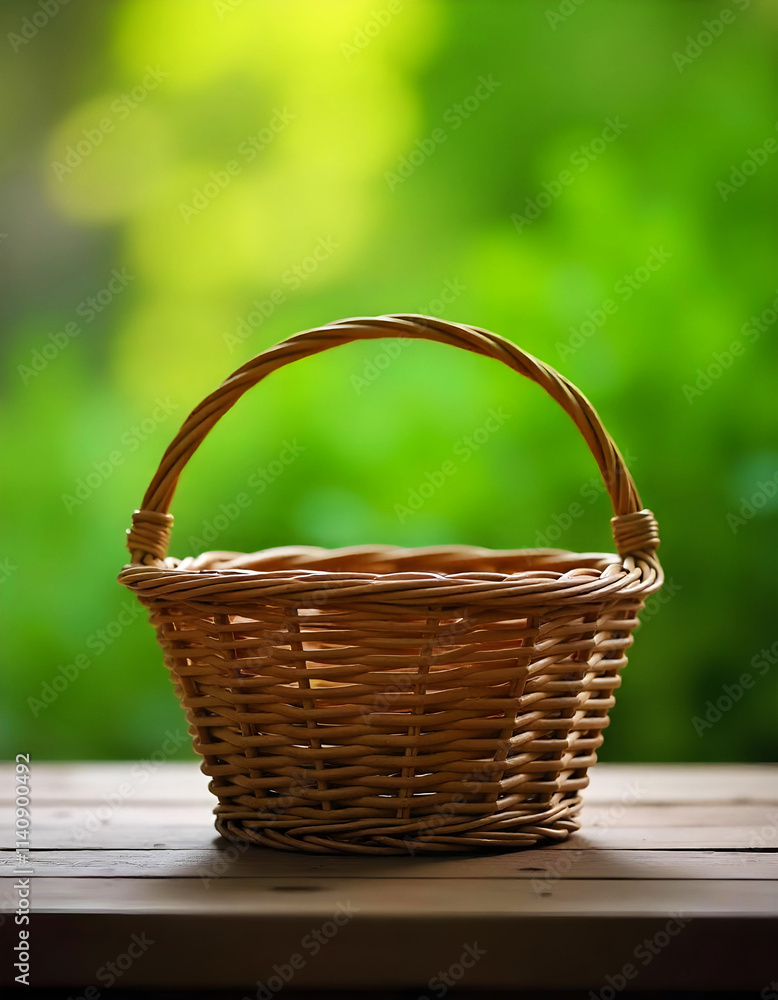 Empty wicker basket on wooden table with blurred nature background Empty wicker basket on wooden table with blurred nature background