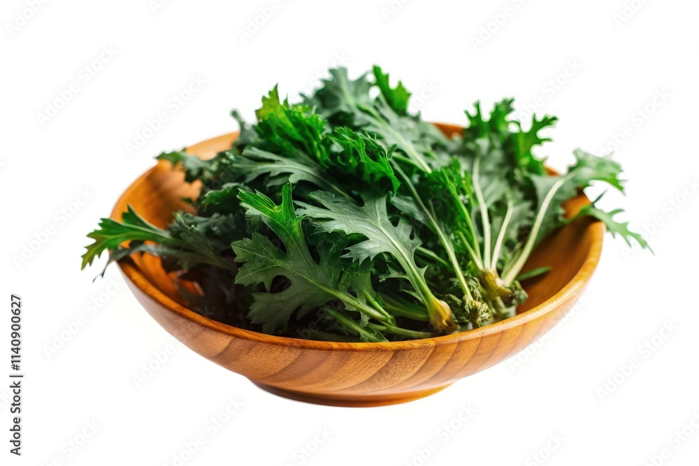Fresh Mizunarz Standard Scale Greens in a Wooden Bowl Ready for Preparation. Generative AI Fresh Mizunarz Standard Scale Greens in a Wooden Bowl Ready for Preparation. Generative AI