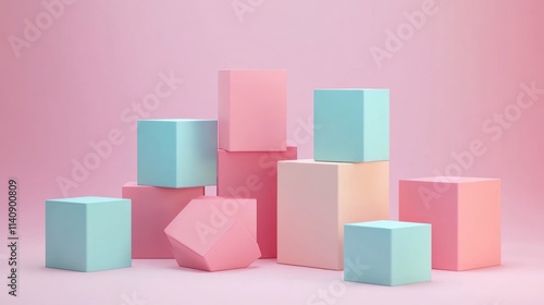 Pastel Cube Composition: A Minimalist 3D Render of Soft Pink and Blue Geometric Shapes