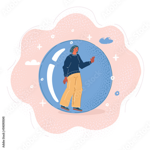Cartoon vector illustration of woman imprisoned inside bubbles, isolation and limitation concept.