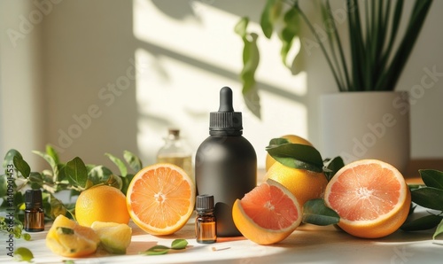 A bottle of essential oil is on a table with a bunch of oranges