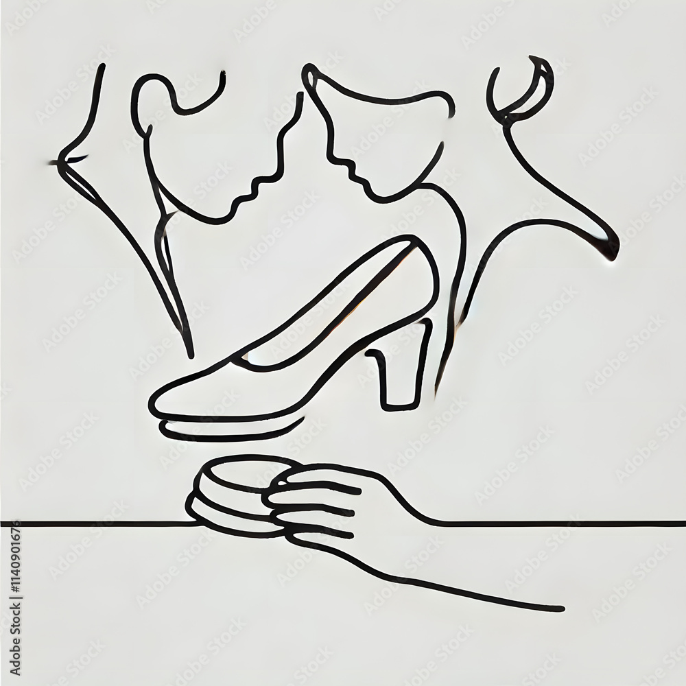 Obraz premium Couple shoe polishing in a simple continuous line drawing on a plain white background with a modern minimalist style 