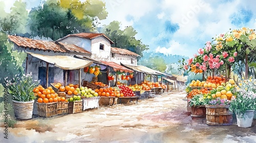 Watercolor illustration of a charming village market with fruit and flower stalls.--ar 16:9 photo