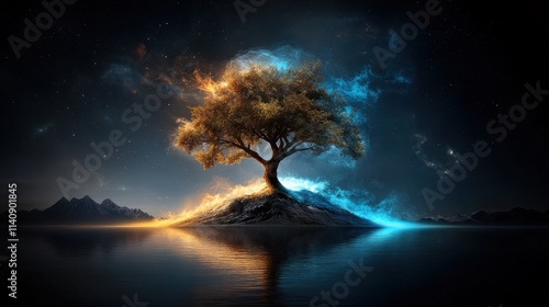 A tree stands on a water-covered island, surrounded by flames and icy blues under a cosmic, starry sky, illustrating a balance between opposing forces.