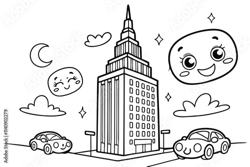 Kawaii City This bustling city-themed coloring page features a smiling skyscraper surrounded by adorable cars, happy clouds, and twinkling lights. Black Color and White Background