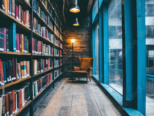 Cozy reading nook in a library with bookshelves and a comfortable chair.
