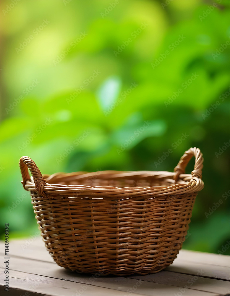 Empty wicker basket on wooden table with blurred nature background Empty wicker basket on wooden table with blurred nature background