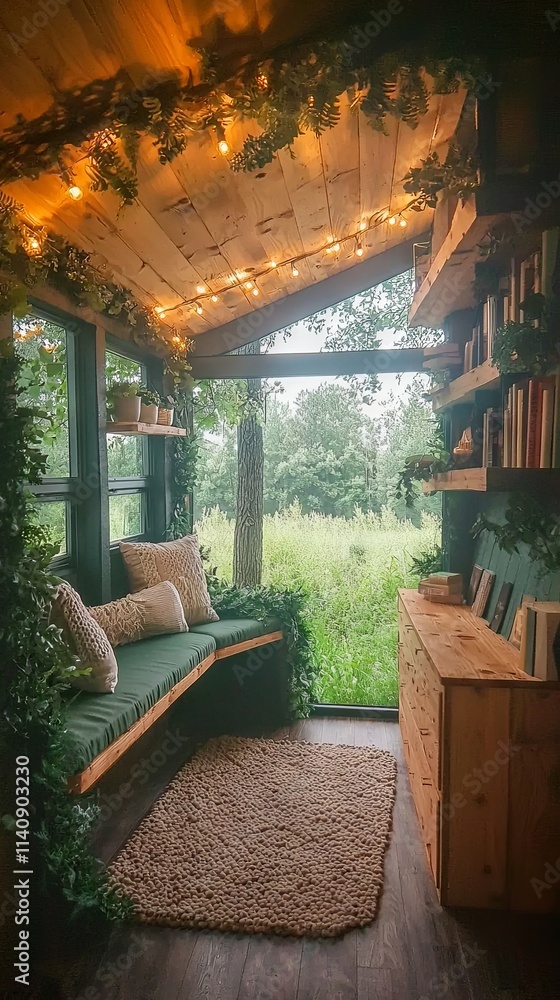Fototapeta premium Cozy reading nook with greenery and natural light.