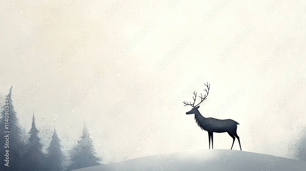 Deer on hill with trees, snow falling Deer on hill with trees, snow falling