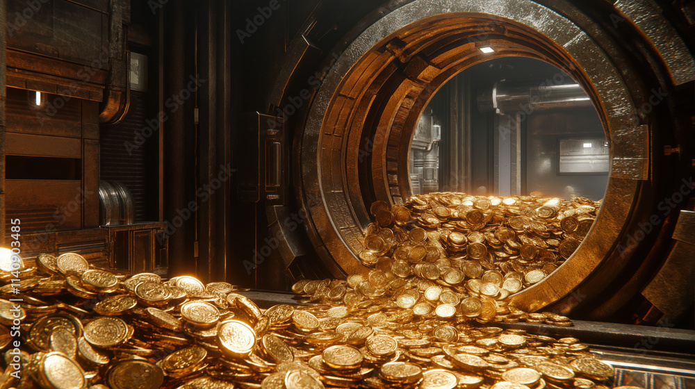 Large Open Bank Vault with Piles of Gold Coins and Bars Large Open Bank Vault with Piles of Gold Coins and Bars