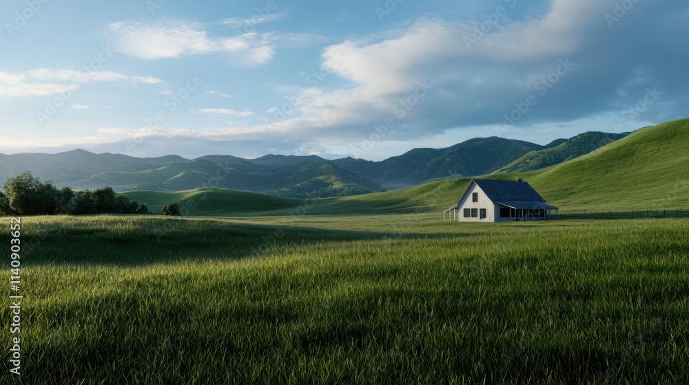 A small white house sits in a large, grassy field A small white house sits in a large, grassy field