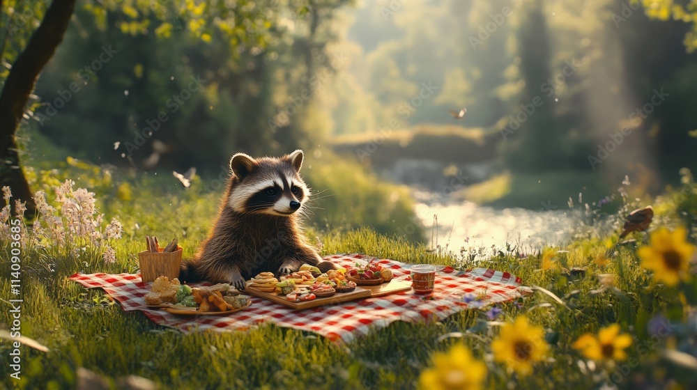 Obraz premium A raccoon enjoys a picnic in a sunny forest. The scene is cheerful and vibrant, surrounded by flowers and sunlight, with a delicious spread.