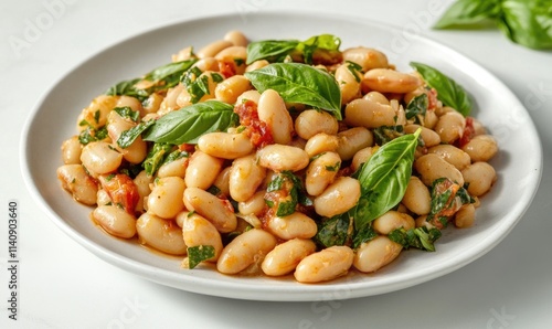 A plate of beans with spinach on top