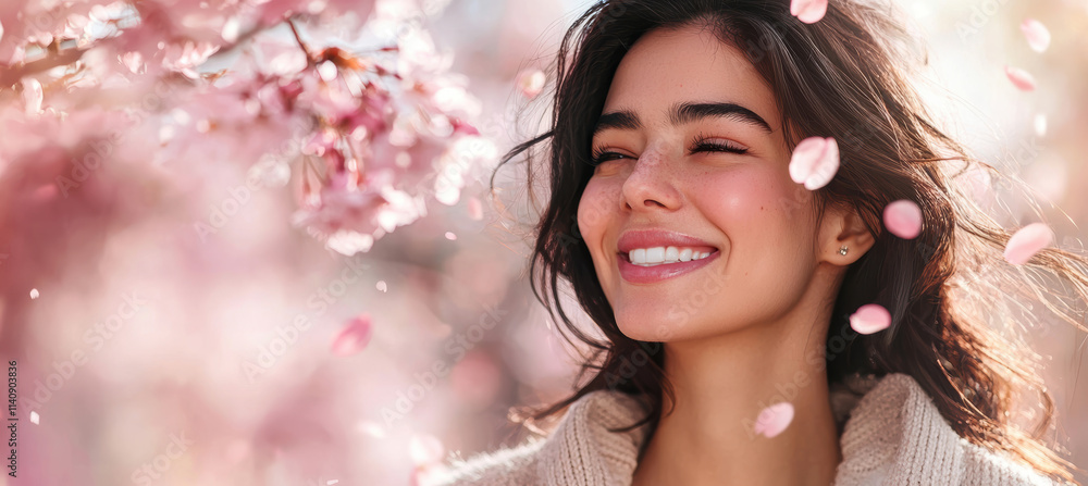 Fototapeta premium Serene Spring Moment Under Cherry Blossoms: Tranquil Beauty in Nature's Petal Dance