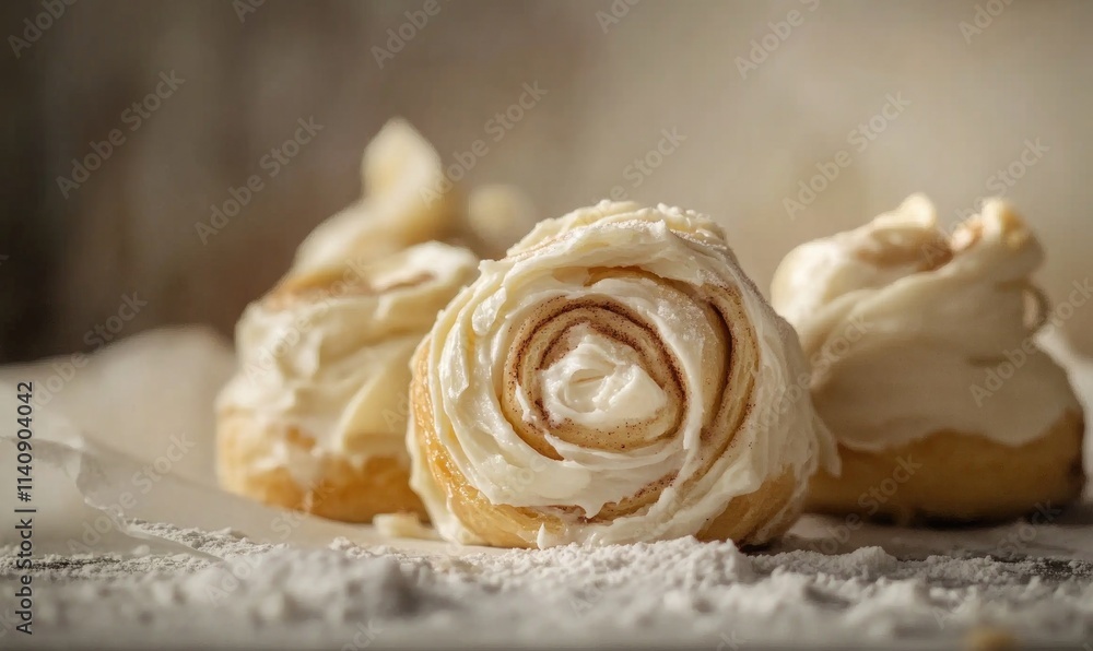 Three cinnamon rolls with icing on top Three cinnamon rolls with icing on top